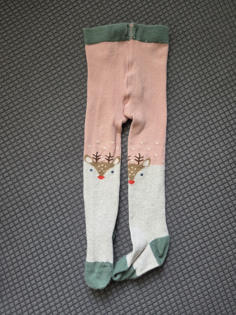 Baby Boden Pink and Cream Reindeer Tights with Green Accents